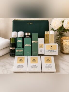 LA MER & GUERLAIN Luxury Skincare Bundle + Leather La Mer Makeup Bag RETAIL $450